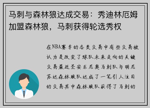 马刺与森林狼达成交易：秀迪林厄姆加盟森林狼，马刺获得轮选秀权