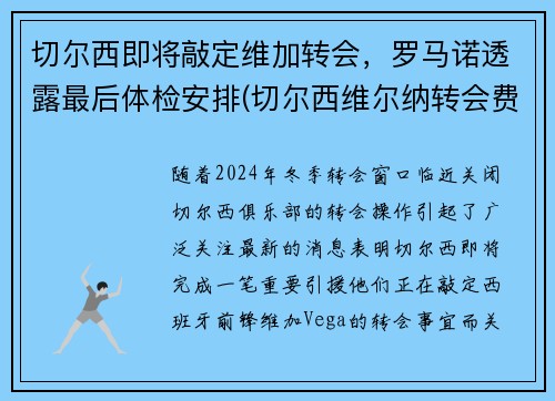 切尔西即将敲定维加转会，罗马诺透露最后体检安排(切尔西维尔纳转会费)