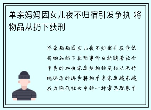 单亲妈妈因女儿夜不归宿引发争执 将物品从扔下获刑