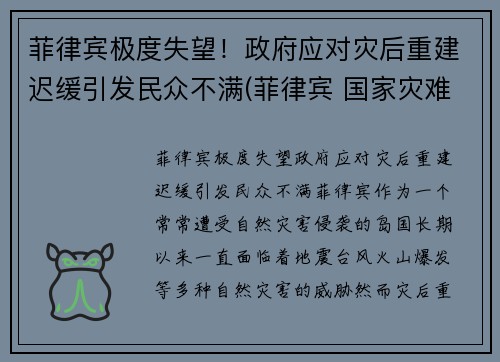 菲律宾极度失望！政府应对灾后重建迟缓引发民众不满(菲律宾 国家灾难)