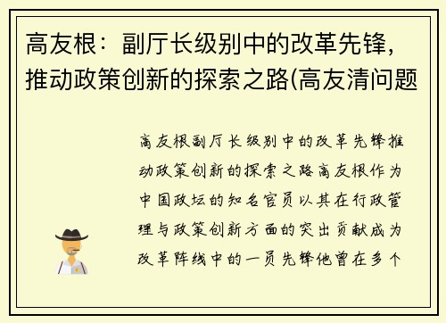高友根：副厅长级别中的改革先锋，推动政策创新的探索之路(高友清问题)