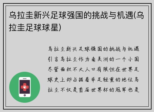 乌拉圭新兴足球强国的挑战与机遇(乌拉圭足球球星)